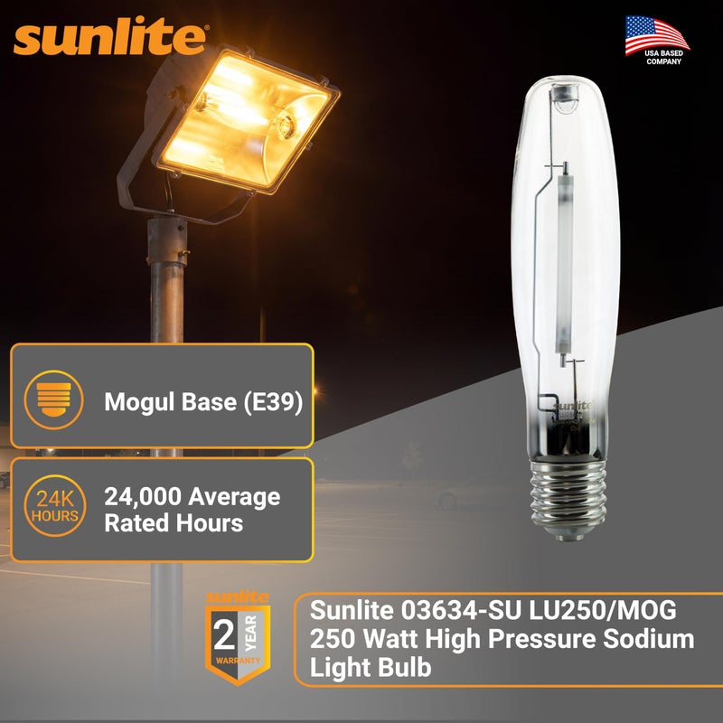 Sunlite مصباح ضوء الصوديوم عالي الضغط Sunlite 03634-SU LU250/MOG 250 واط، قاعدة موغول (E39)، رمز ANSI S50، 28000 لومن، 24000 ساعة عمر، شفاف، 2100K - Image 2